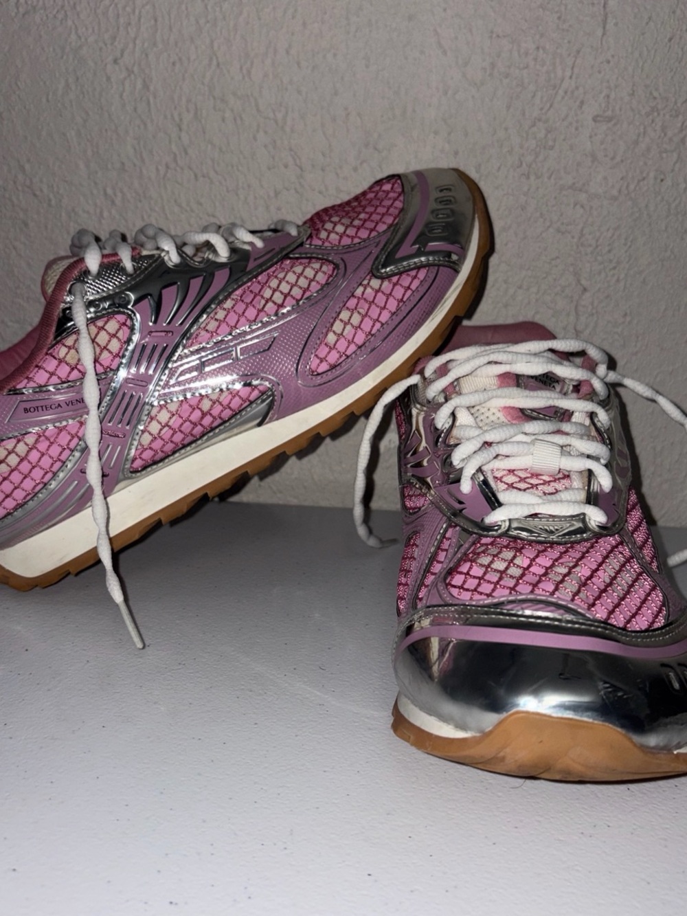 Bottega Veneta Pink Mesh Sneakers with Silver Accents